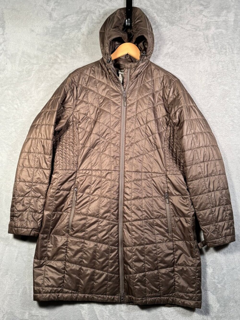 LL Bean Coat Womens XL Brown Quilted Long Hooded Puffer Parka Primaloft